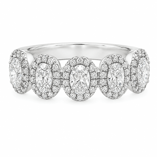 Platinum 1 CT TW. Five-Stone Oval Halo Diamond Band
