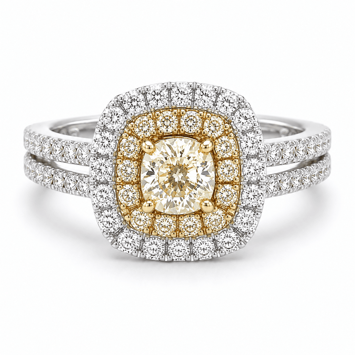 18K 0.57 CTW Yellow Diamond Double Halo Split Shank Ring
