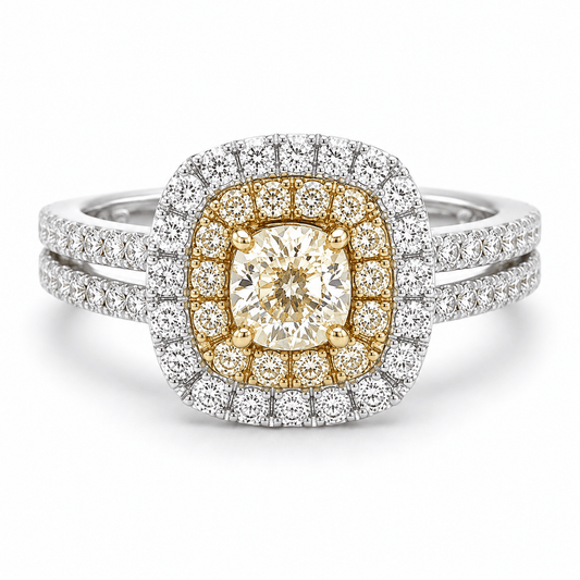 18K 0.57 CTW Yellow Diamond Double Halo Split Shank Ring