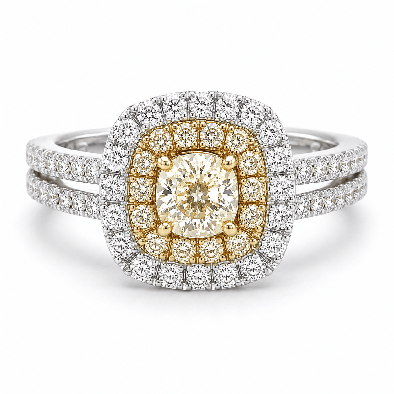 18K 0.57 CTW Yellow Diamond Double Halo Split Shank Ring