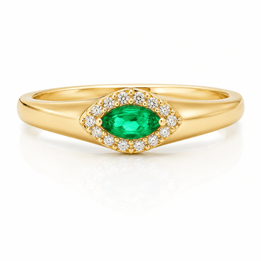 Marquise Emerald and Diamond Wide Band Ring