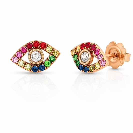 Multicolor Sapphire Evil Eye Stud Earrings