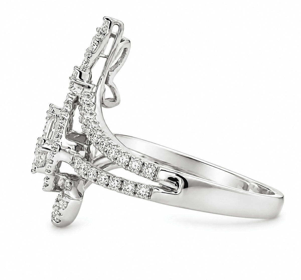 0.74 CTW Floral Baguette Diamond Swirl Fashion Ring