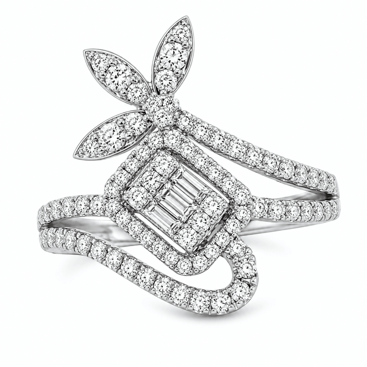 0.74 CTW Floral Baguette Diamond Swirl Fashion Ring