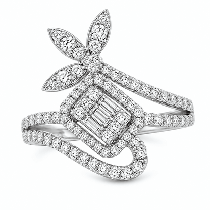 0.74 CTW Floral Baguette Diamond Swirl Fashion Ring