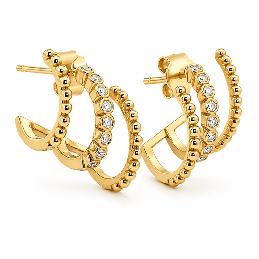 Three-Row Diamond Beaded Huggie Earrings