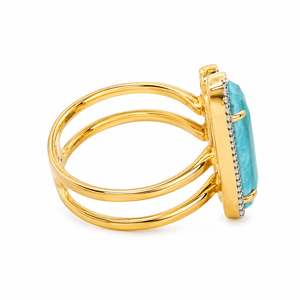 14K YG DOUBLE NEG SPACE RING WITH GEN TURQ & AMAZONITE, APPX .15 CTTW NAT DIA'S