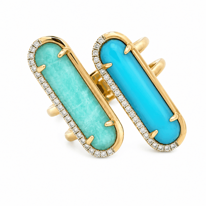 14K YG DOUBLE NEG SPACE RING WITH GEN TURQ & AMAZONITE, APPX .15 CTTW NAT DIA'S