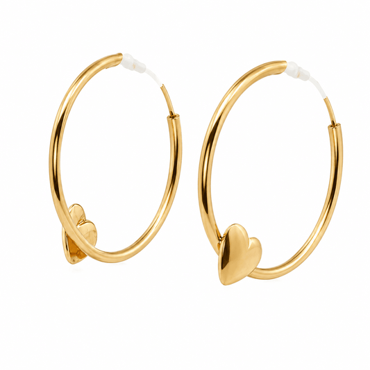 14K Yellow Gold Heart Hoop Earrings
