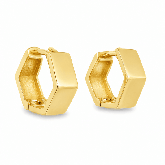 14K Yellow Gold Hexagon Huggie Earrings