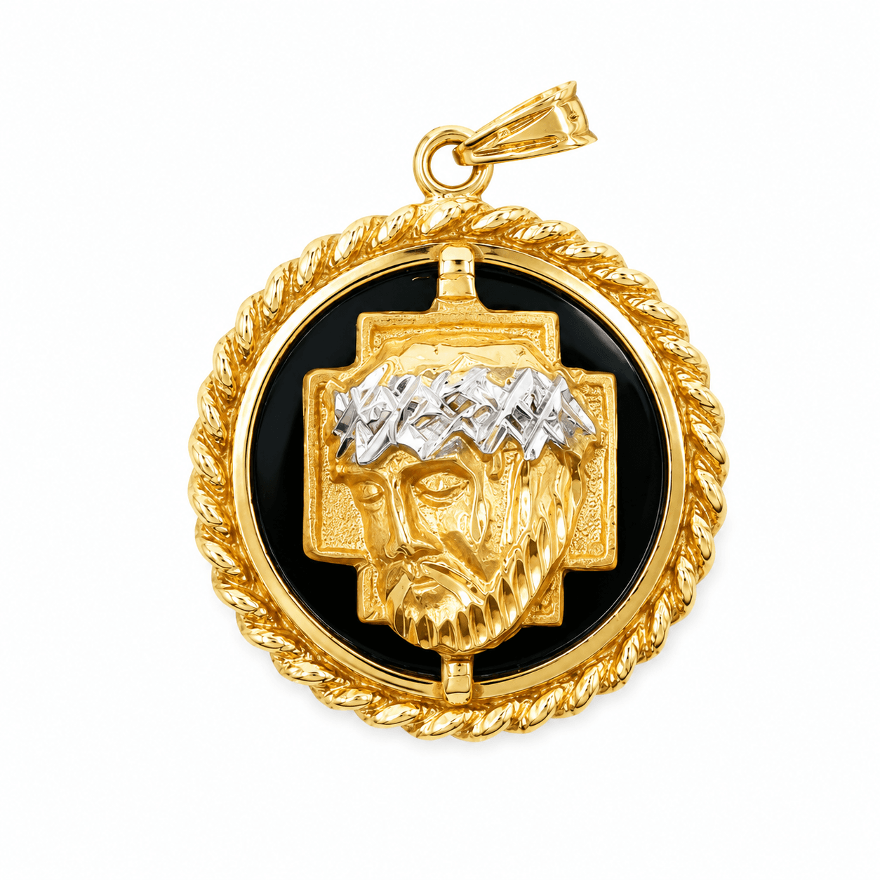 14K Yellow Gold Onyx Cross and Jesus Pendant