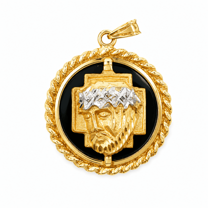 14K Yellow Gold Onyx Cross and Jesus Pendant