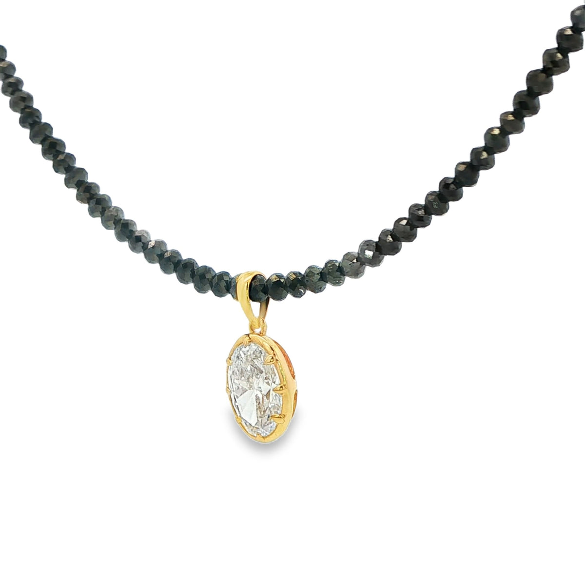 Black Diamond Bead Necklace with Oval Lab-Grown Diamond Pendant