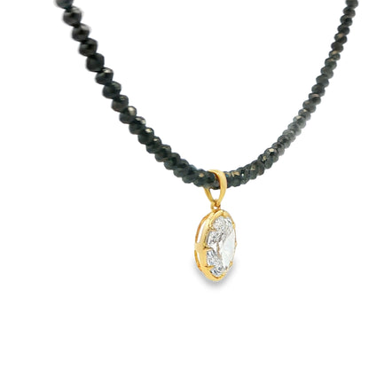 Black Diamond Bead Necklace with Oval Lab-Grown Diamond Pendant