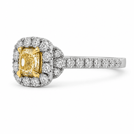 18K 1.0 CTW Fancy Yellow Diamond Halo Accented Ring
