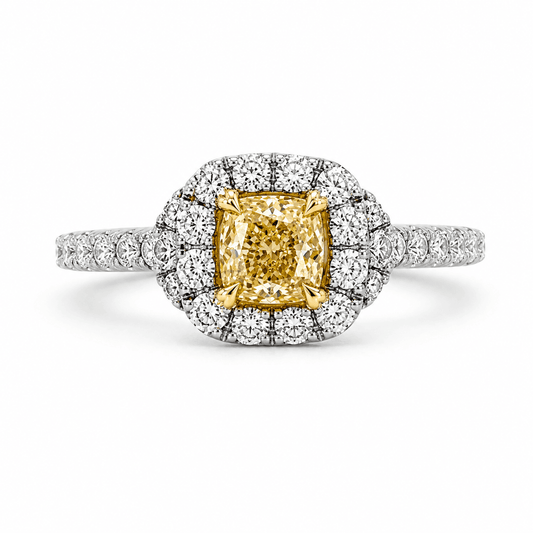 18K 1.0 CTW Fancy Yellow Diamond Halo Accented Ring
