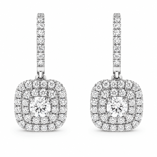 18K White Gold Cushion Cut Double Row Drop Earrings