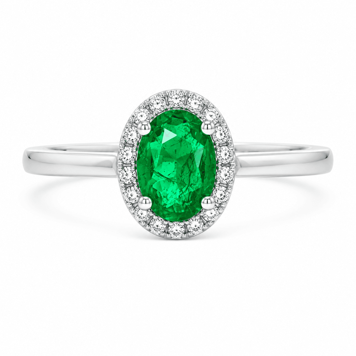 18K White Gold Oval Emerald Diamond Halo Ring