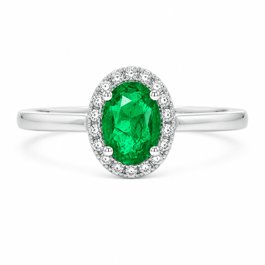 18K White Gold Oval Emerald Diamond Halo Ring