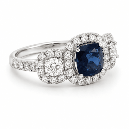 18K White Gold 3-Stone Halo Diamond Sapphire Ring