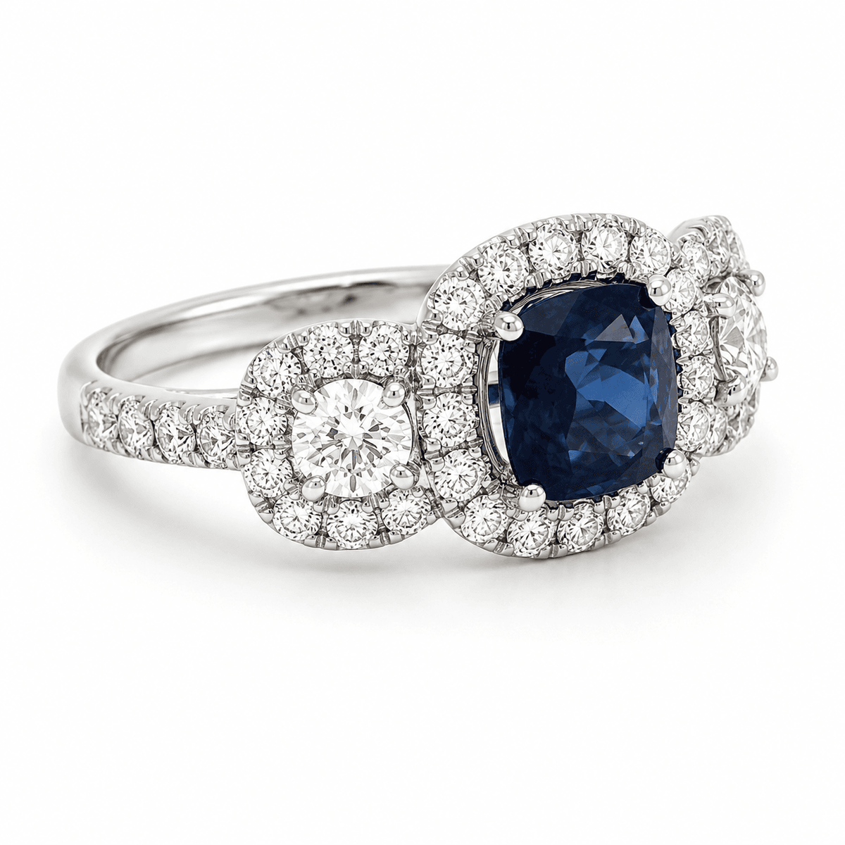 18K White Gold 3-Stone Halo Diamond Sapphire Ring