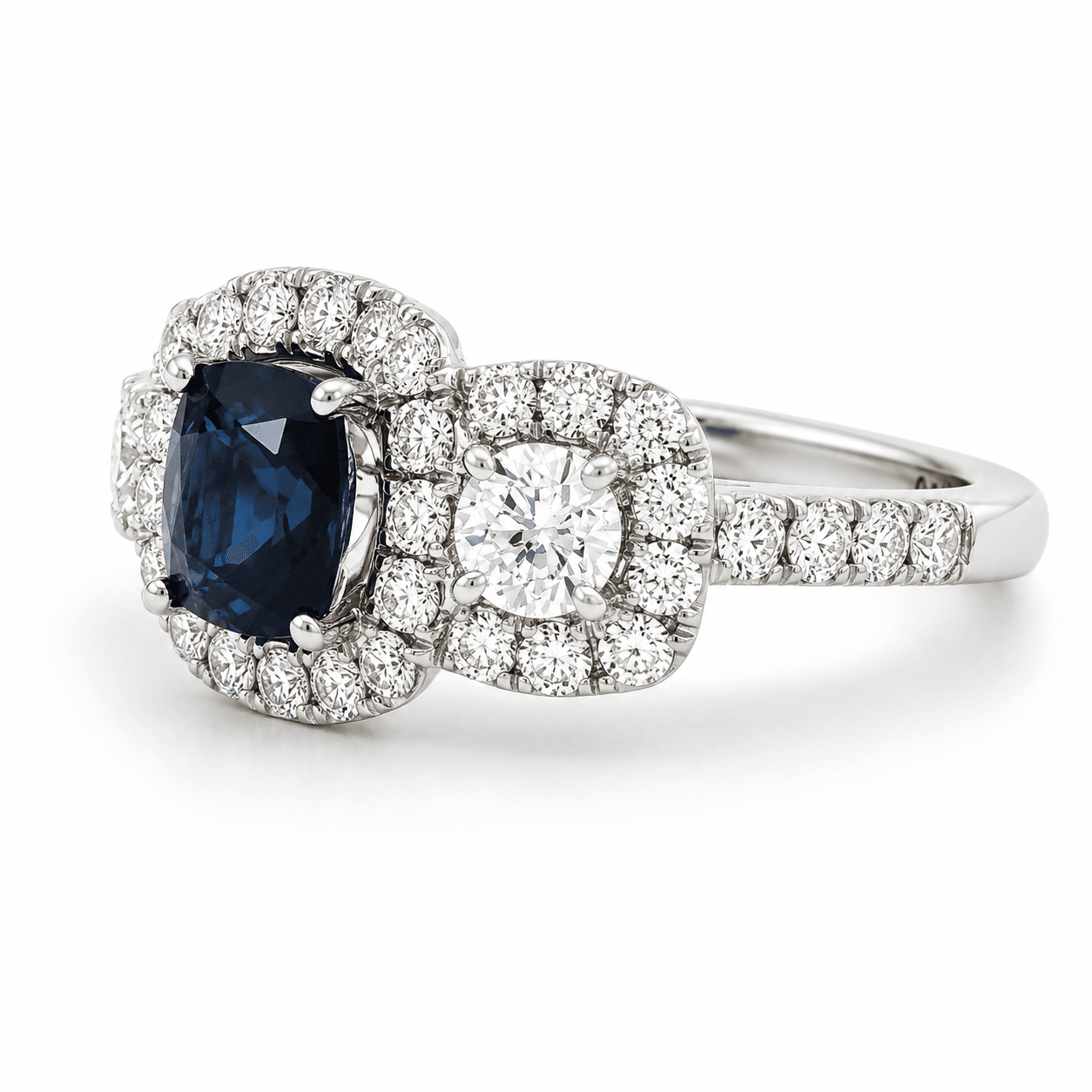 18K White Gold 3-Stone Halo Diamond Sapphire Ring