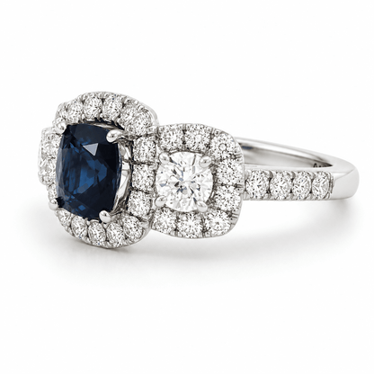 18K White Gold 3-Stone Halo Diamond Sapphire Ring