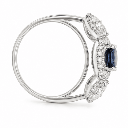 18K White Gold 3-Stone Halo Diamond Sapphire Ring