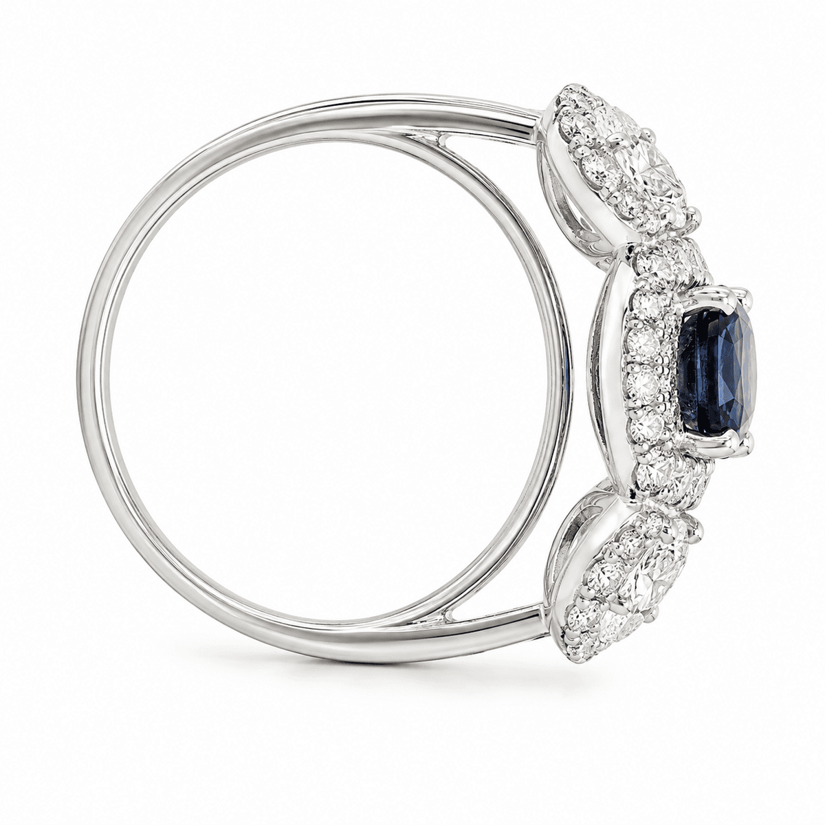18K White Gold 3-Stone Halo Diamond Sapphire Ring