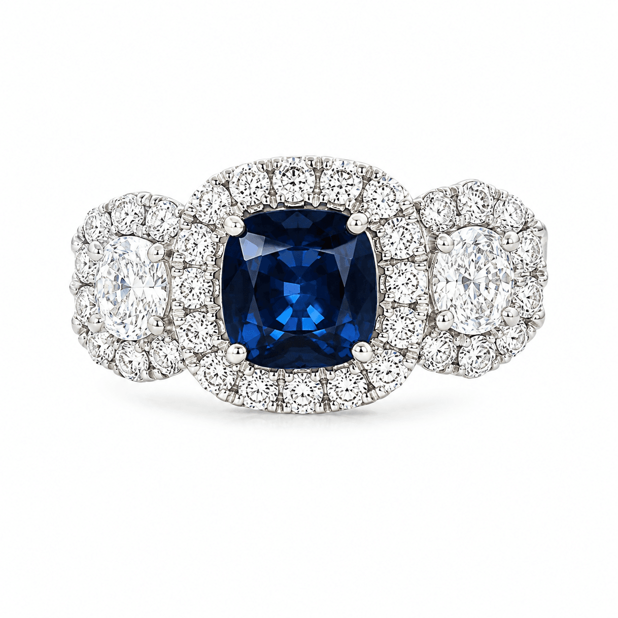 18K White Gold 3-Stone Halo Diamond Sapphire Ring
