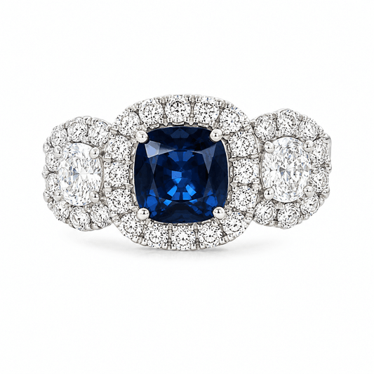 18K White Gold 3-Stone Halo Diamond Sapphire Ring
