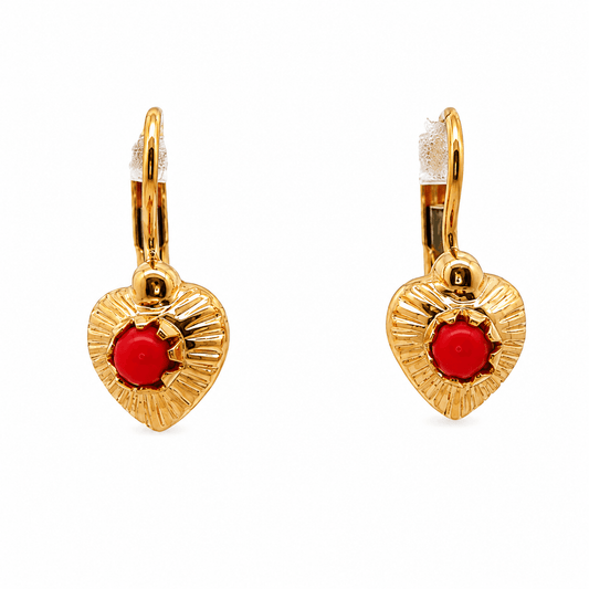 18K Yellow Gold Red Stone Dangle Earrings