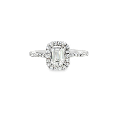 18K White Gold Emerald Cut Diamond Halo Engagement Ring
