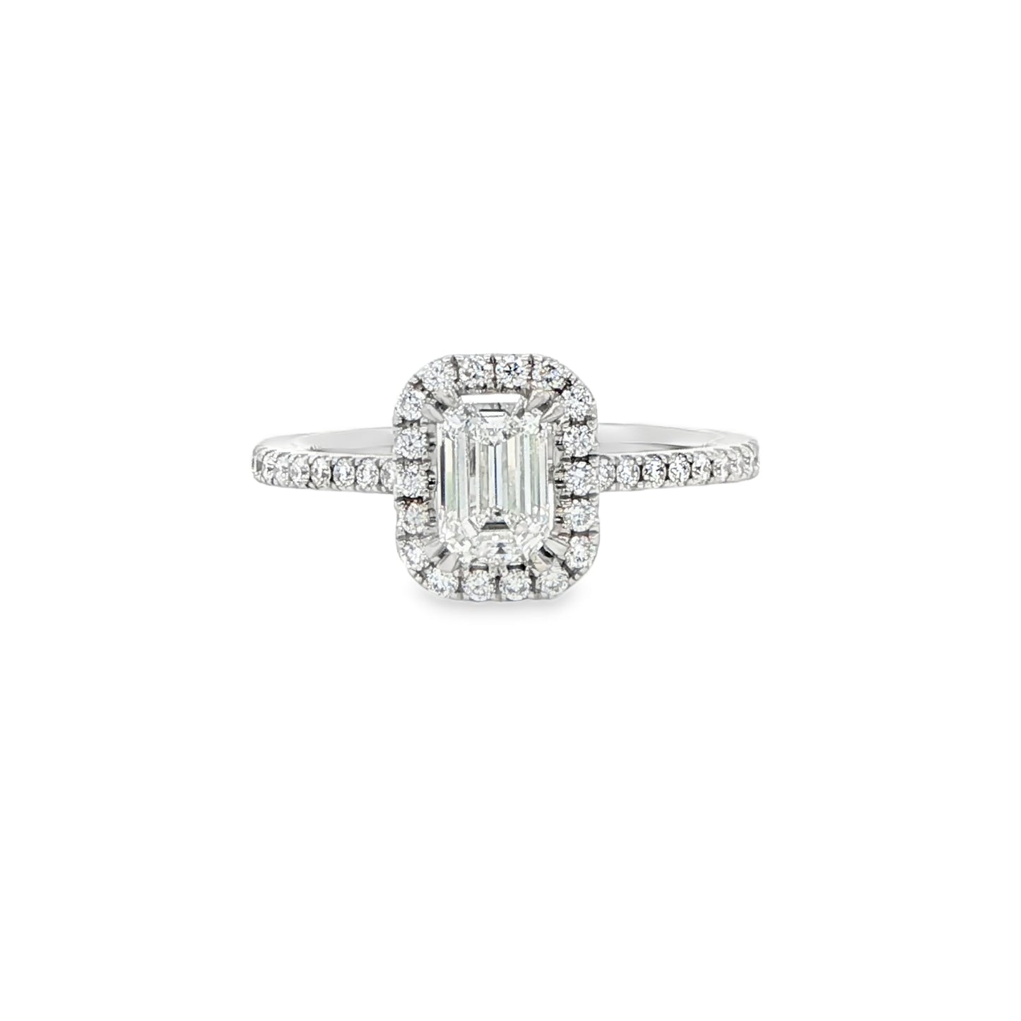 18K White Gold Emerald Cut Diamond Halo Engagement Ring