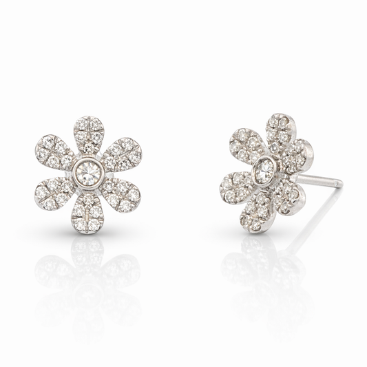 14K WG PAVE FLOWER STUDS, .22 CTTW