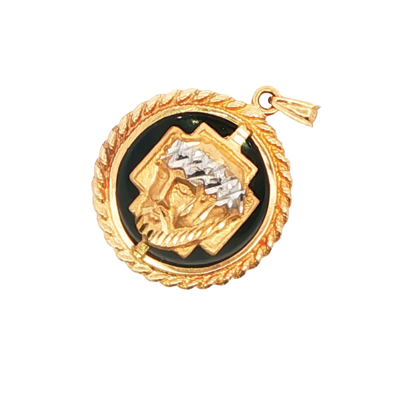 14K Yellow Gold Onyx Cross and Jesus Pendant