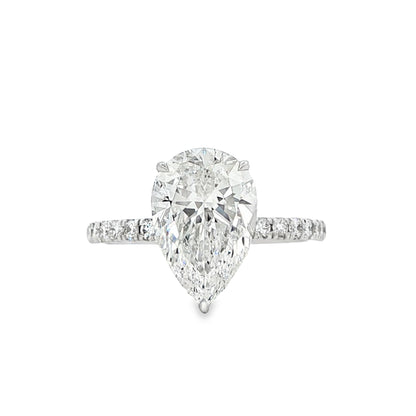 14K White Gold Lab-Grown Pear Engagement Ring with Hidden Halo, 3.00 ct Center, E Color, VS1 Clarity, 3.09 cttw