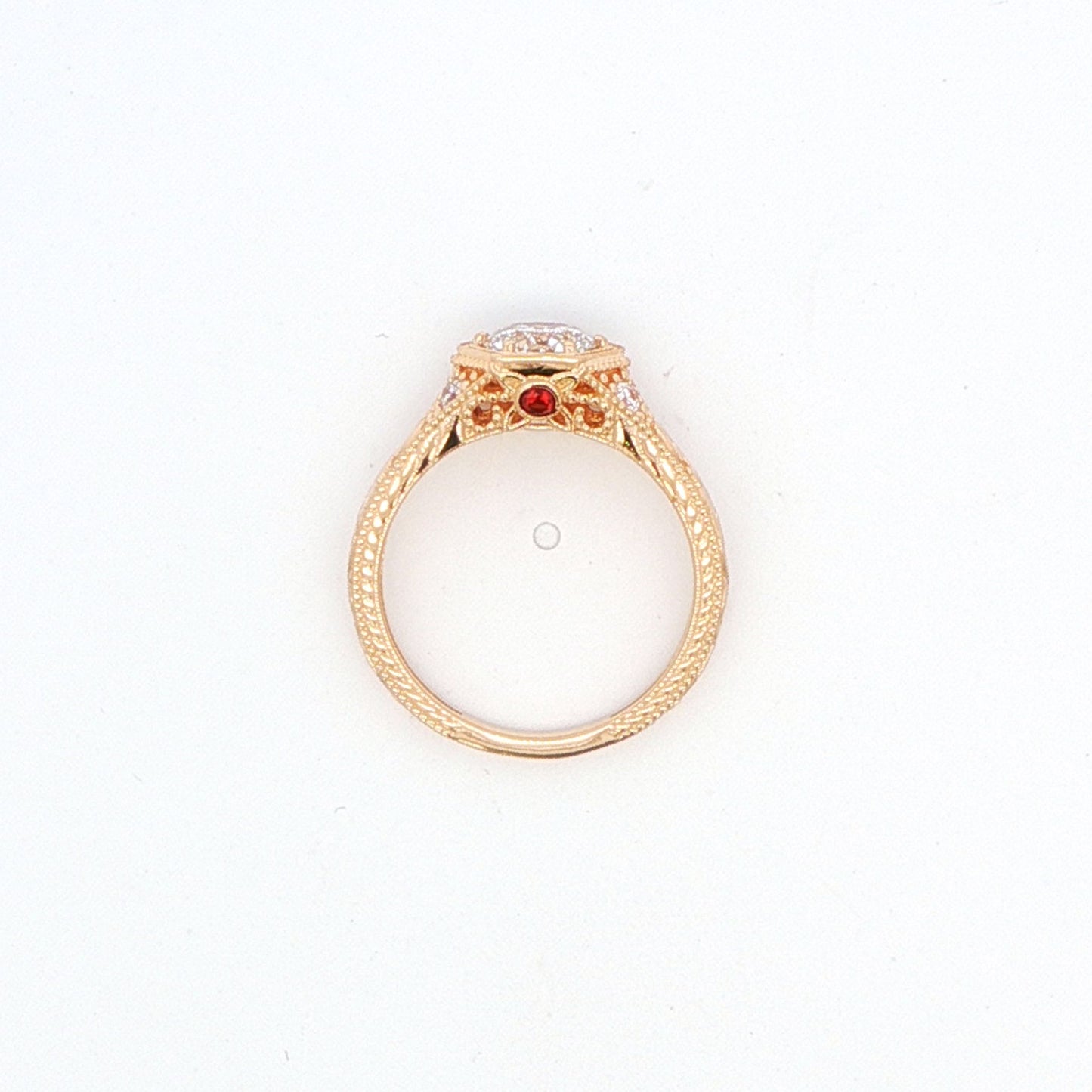 14K YG RD DIA ENG RING IN HEX FILLIGREE SETT WITH RUBY & SAPH