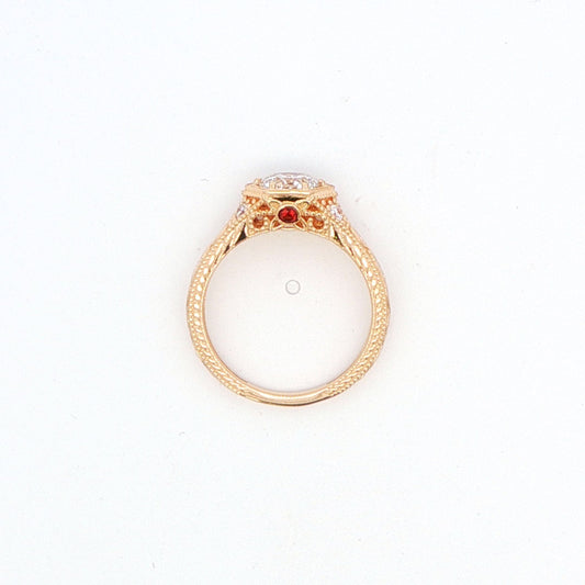 14K YG RD DIA ENG RING IN HEX FILLIGREE SETT WITH RUBY & SAPH