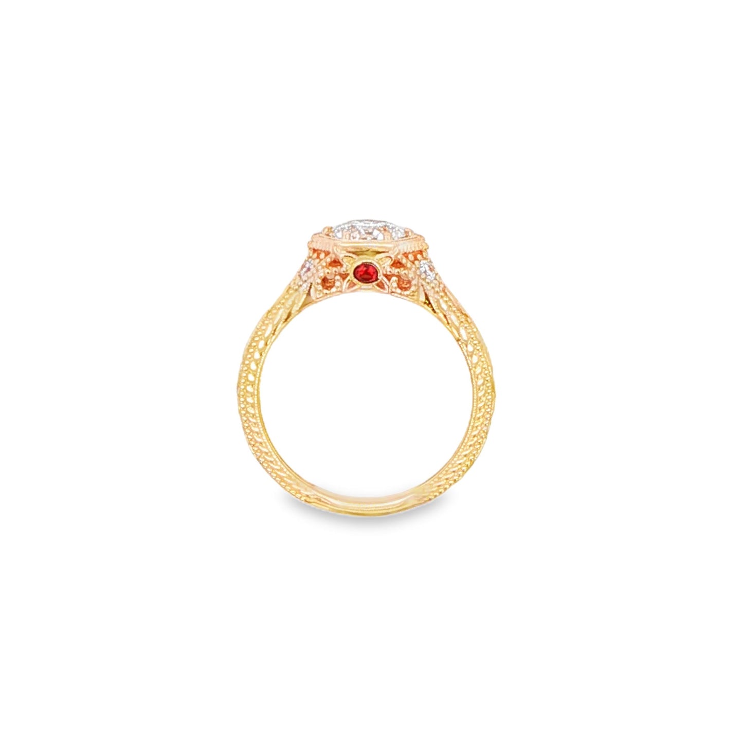 14K YG RD DIA ENG RING IN HEX FILLIGREE SETT WITH RUBY & SAPH