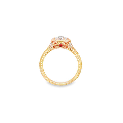 14K YG RD DIA ENG RING IN HEX FILLIGREE SETT WITH RUBY & SAPH
