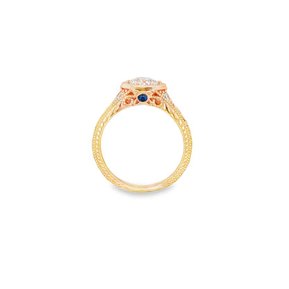 14K YG RD DIA ENG RING IN HEX FILLIGREE SETT WITH RUBY & SAPH