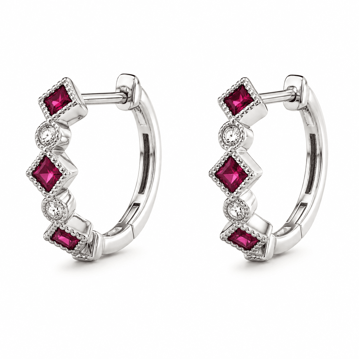 Diamond and Ruby Huggie Earrings