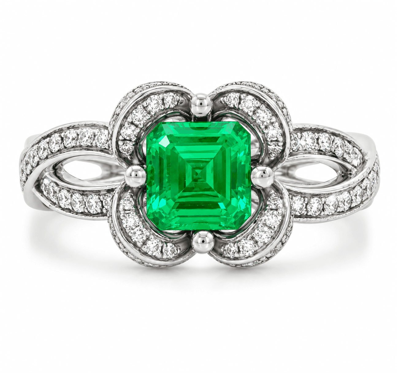 Emerald and Diamond Flower Halo Ring