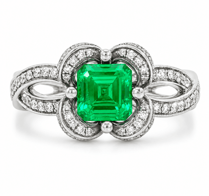 Emerald and Diamond Flower Halo Ring