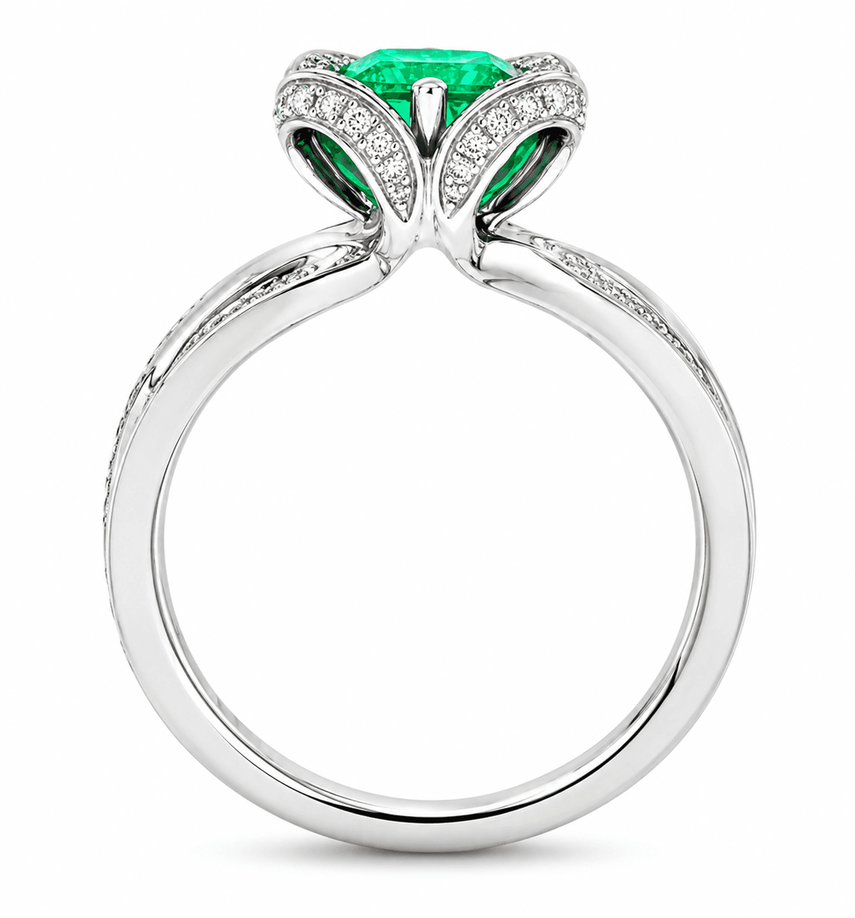 Emerald and Diamond Flower Halo Ring