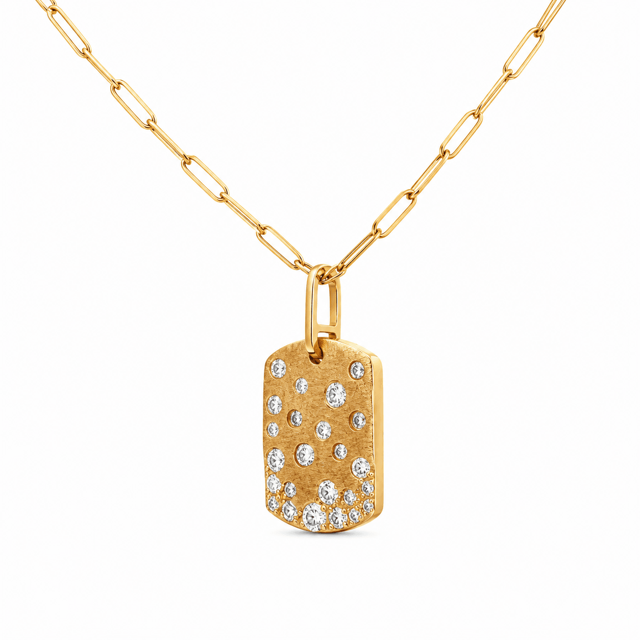 Diamond Dog Tag Pendant with Paperclip Chain