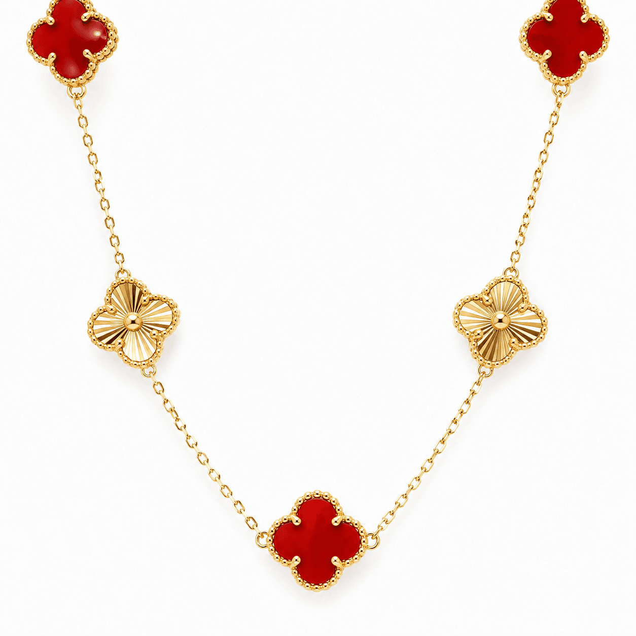 Red Coral Clover Motif Necklace