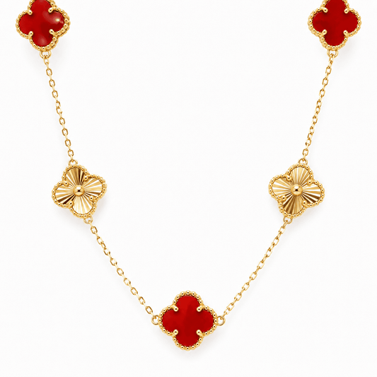 Red Coral Clover Motif Necklace