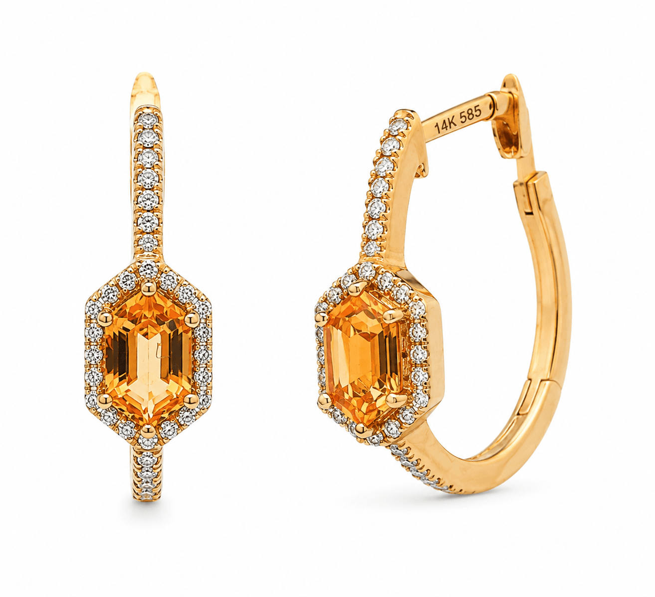 Geometric Citrine and Diamond Hoop Earrings